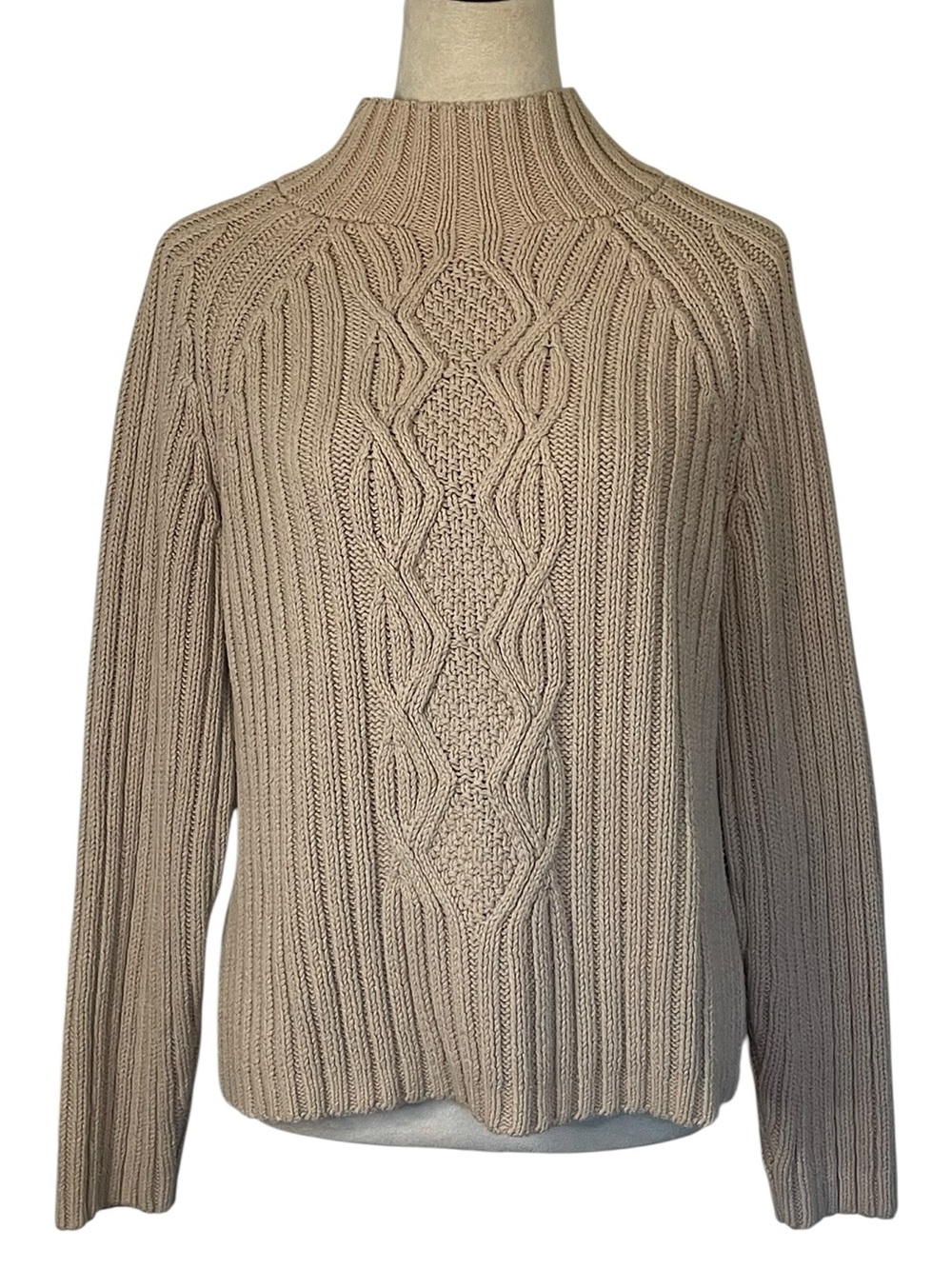 Vintage Liz Claiborne Chunky Cable Knit Sweater Beige Tan Mock Neck M